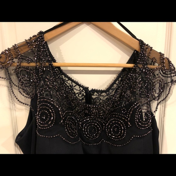 David’s Bridal Cap Sleeve Beaded Navy Blue dress - Picture 5 of 7